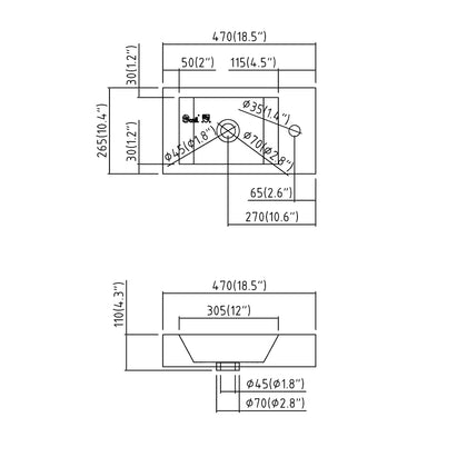 SN051 rectangular wall hung ceramic basin dimension drawing for compact bathroom installations