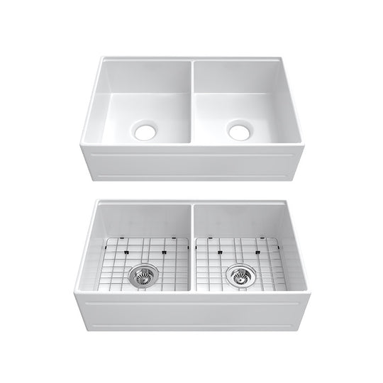 33 Inch Vintage Cast Iron Farmhouse Sink with Double Drainboard | Granite Apron | Model SN102W3320D