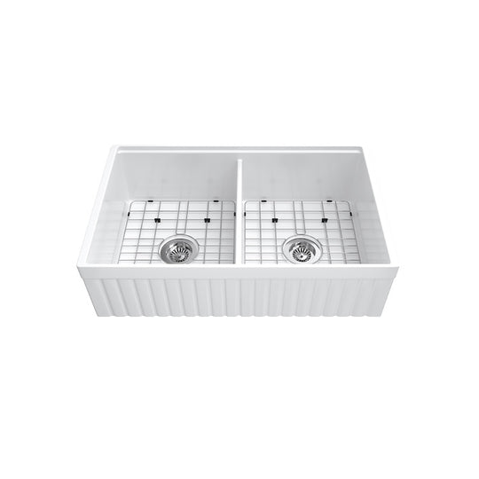 33 Inch Double Apron Sink – Fireclay Utility Sink | SANIKB SN103W3320D