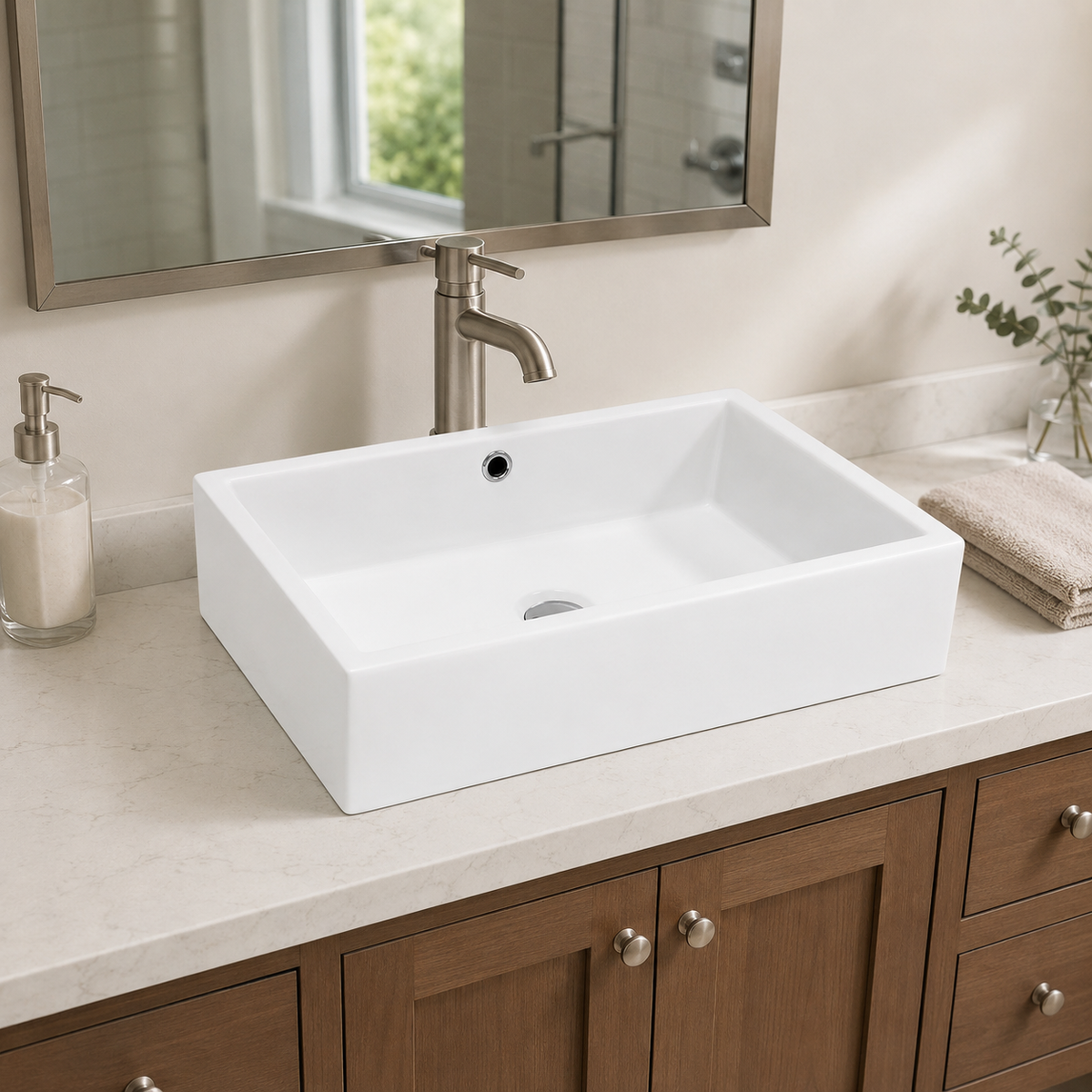 White 20 inch rectangular ceramic countertop basin on a stone vanity top with a brushed nickel deck-mount faucet