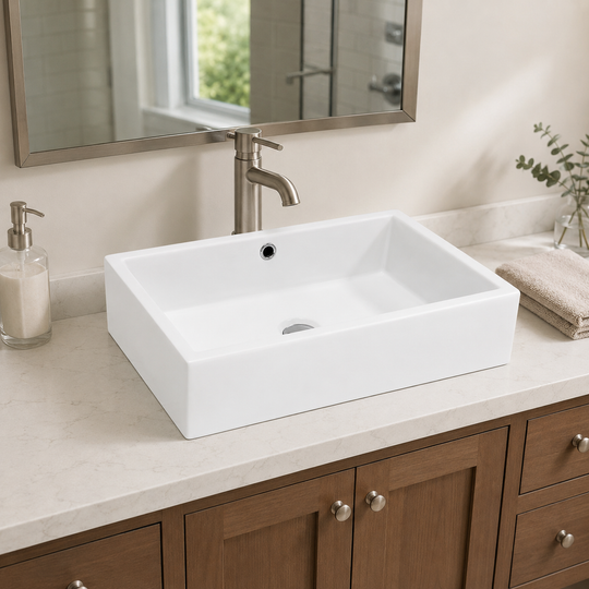White 20 inch rectangular ceramic countertop basin on a stone vanity top with a brushed nickel deck-mount faucet