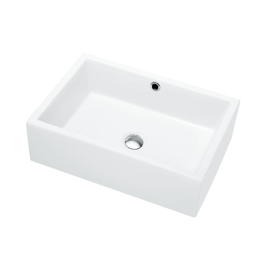 Above-counter rectangular ceramic countertop basin without faucet hole in white, showing the single drain
