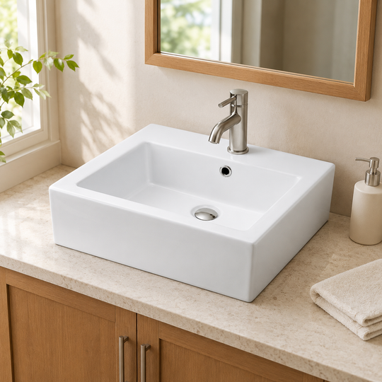 White square ceramic countertop basin mounted as an above-counter vessel on a stone countertop with a chrome faucet