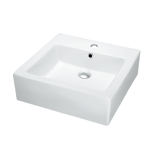Square ceramic countertop basin with faucet hole in white, shown at a three-quarter angle on a plain background