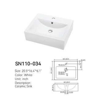 SN110-034 20.5 inch rectangular ceramic countertop basin with faucet deck, spec drawing with dimensions in inches and mm, white