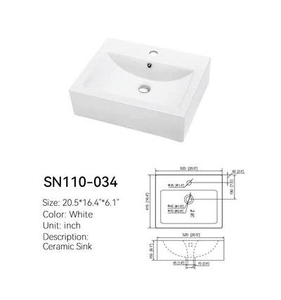 SN110-034 20.5 inch rectangular ceramic countertop basin with faucet deck, spec drawing with dimensions in inches and mm, white