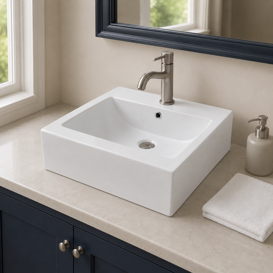 18 inch square ceramic vessel sink on a stone vanity top with a brushed nickel faucet
