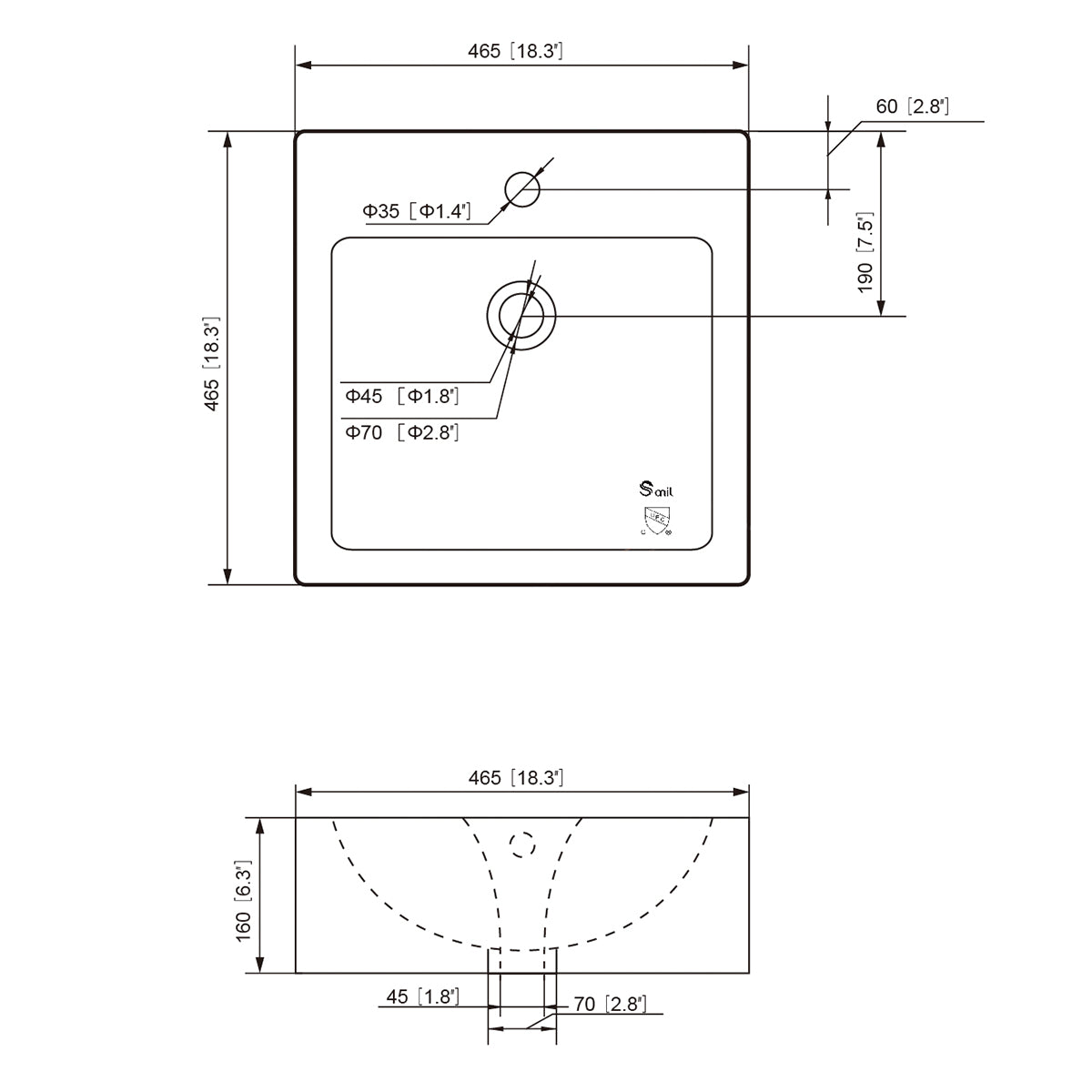 Square ceramic vessel sink dimension drawing: 18.3 inch width, Ø1.4 inch faucet hole, 1-3/4 inch drain, no overflow