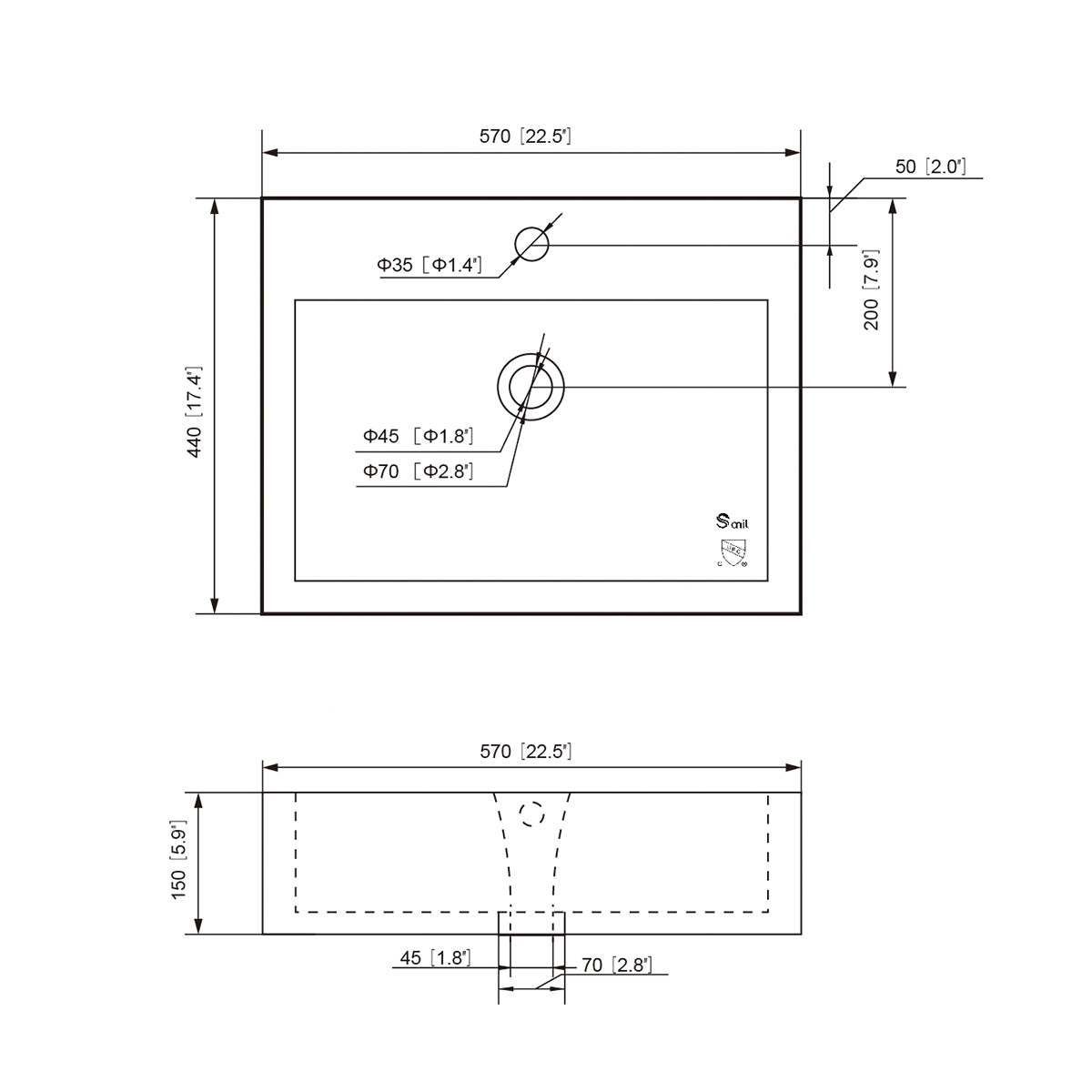 Spec drawing of the 22.5 inch rectangular ceramic vessel sink with overall dimensions, faucet hole, and drain layout