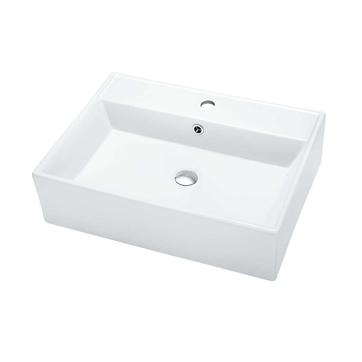 Rectangular ceramic vessel sink with faucet hole and center drain on a white studio background