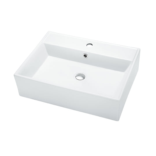 Rectangular ceramic vessel sink with faucet hole and center drain on a white studio background