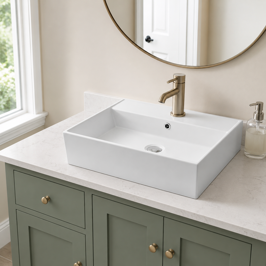 White 23 inch rectangular ceramic vessel sink installed above-counter on a bathroom vanity with a single-hole faucet