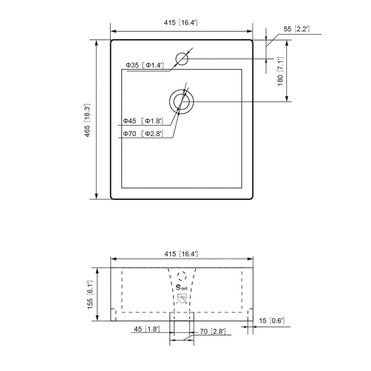 Dimensioned spec drawing of the compact rectangular ceramic vessel sink showing top and side views with measurements