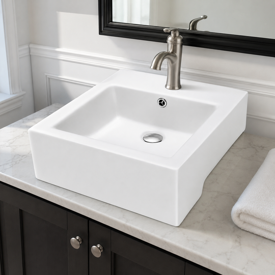 Above-counter white ceramic vessel sink on a stone vanity top with a single-hole faucet and framed mirror in a finished bathroom