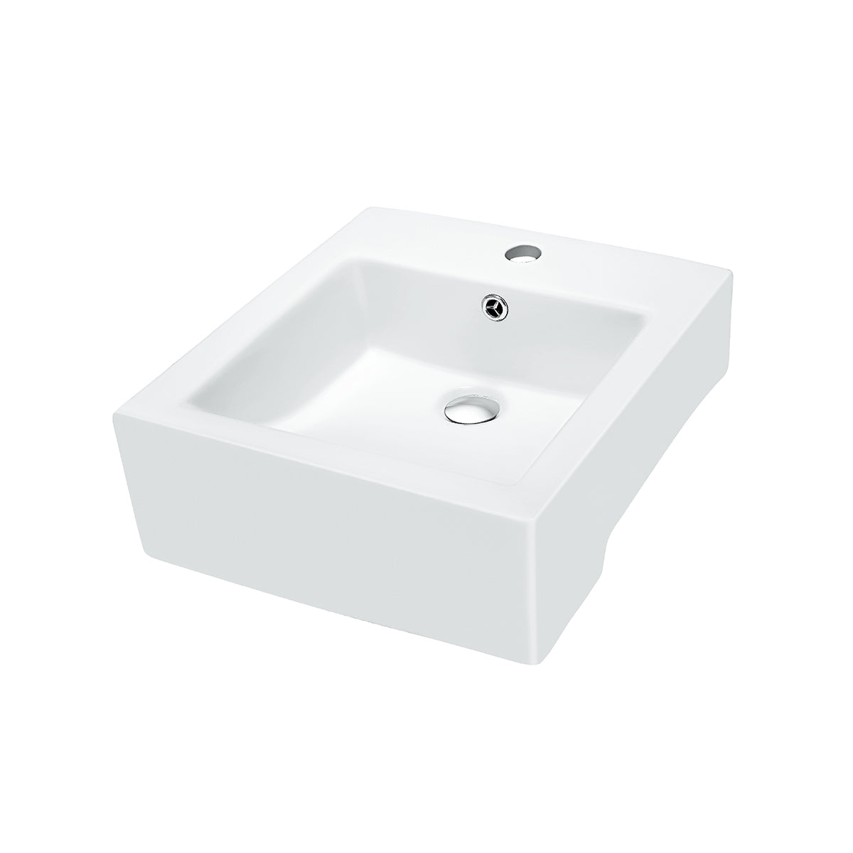 White rectangular ceramic vessel sink at a three-quarter angle on a plain background, showing the rear faucet hole and drain opening