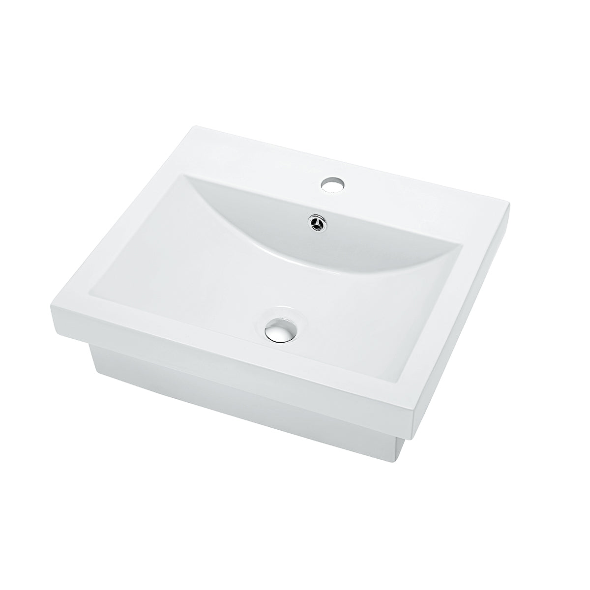 White rectangular ceramic vessel sink with faucet hole, angled view showing the single pre-drilled tap hole