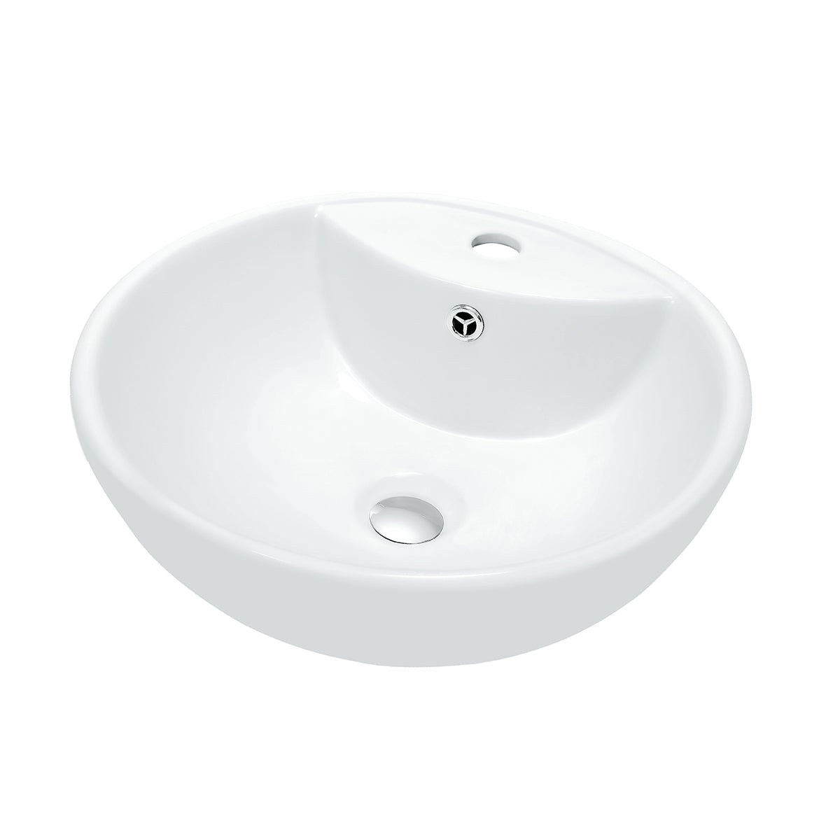 White round ceramic vessel sink with a pre-drilled faucet hole and center drain, shown at an above-counter angle