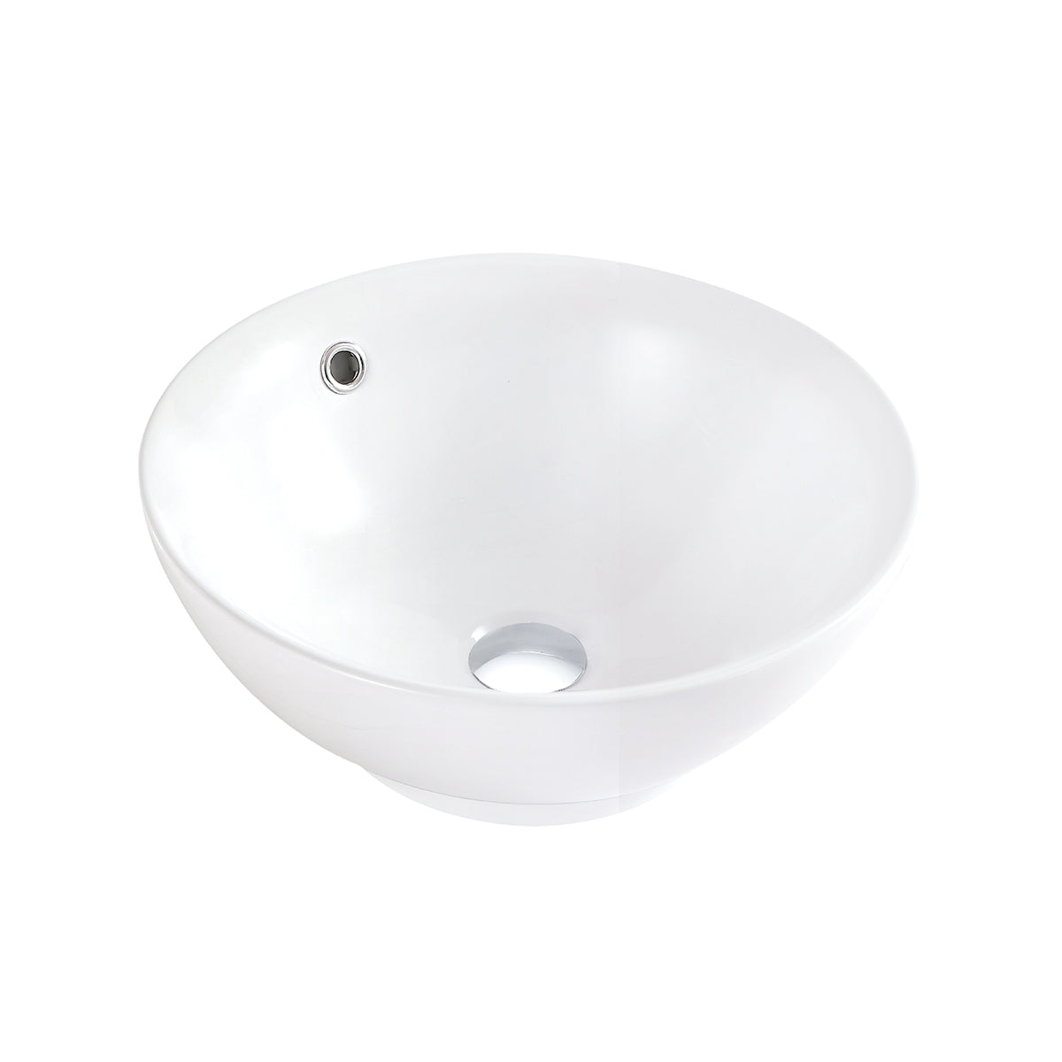 White round ceramic bowl sink without faucet hole, angled view showing the single center drain