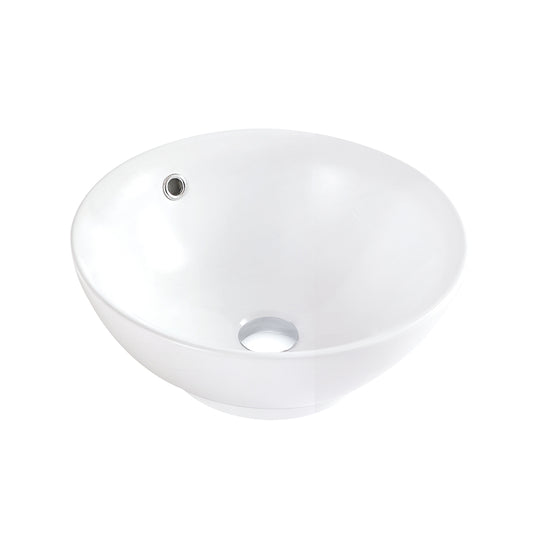 White round ceramic bowl sink without faucet hole, angled view showing the single center drain