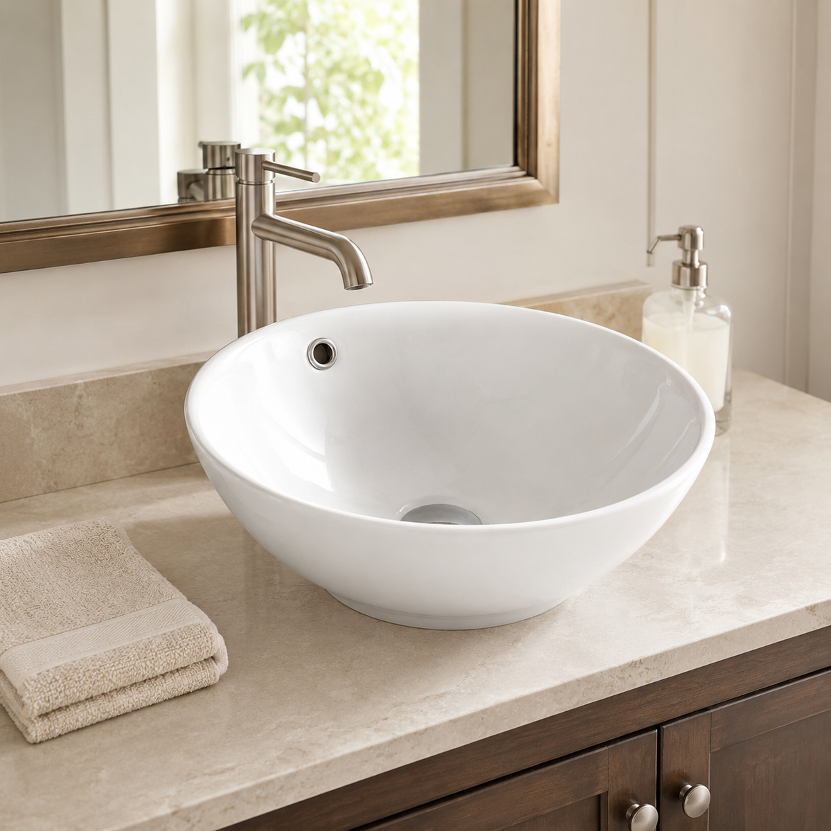 White 17 inch round ceramic vessel bowl sink mounted above counter on a stone bathroom vanity with a tall deck faucet