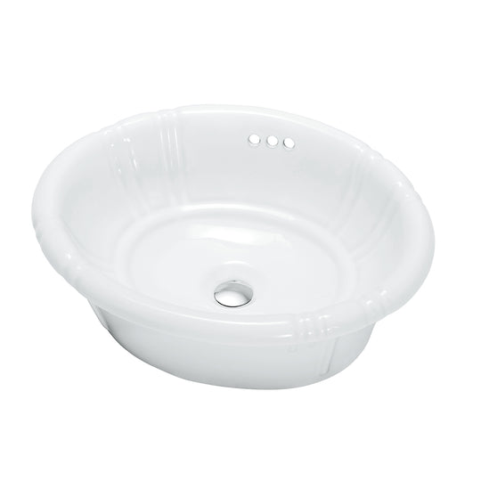Oval ceramic basin at a three-quarter angle showing the decorative fluted interior, center drain, and front overflow