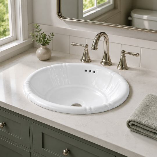 White fluted oval ceramic sink set into a stone vanity countertop with a deck-mounted widespread faucet