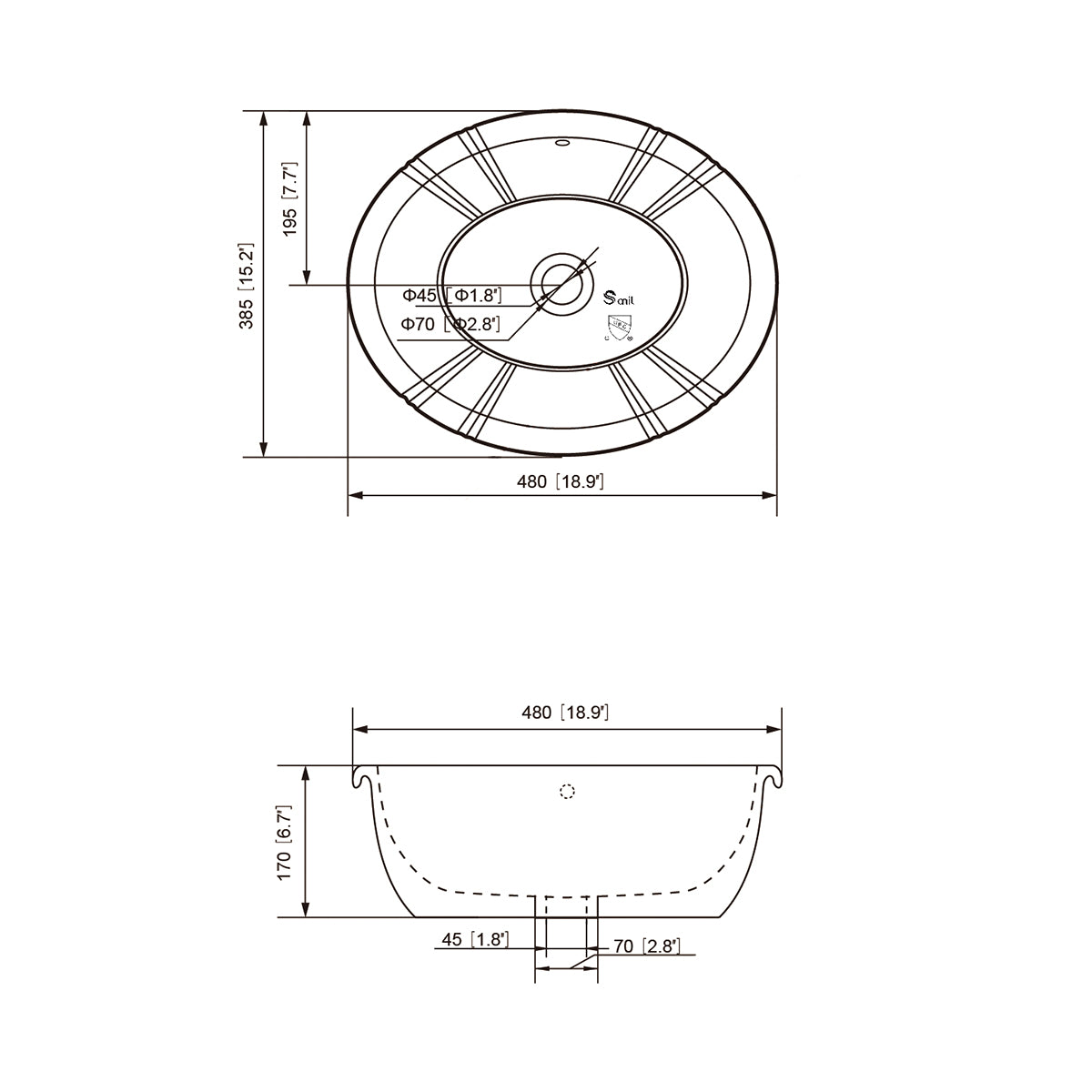 Dimensioned drawing of the oval ceramic sink with top and side views showing overall size and drain measurements