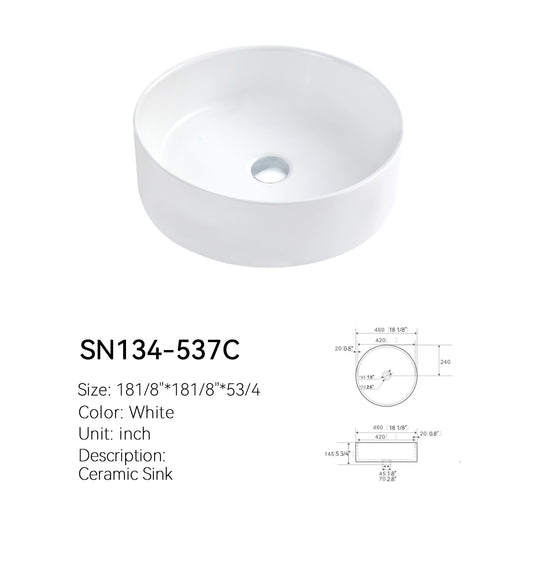 White cylindrical round ceramic vessel sink SN134-537C, elevated view of the bowl interior and center drain, with dimensioned spec drawing