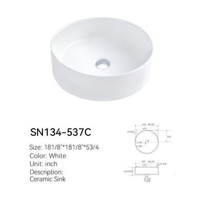 White cylindrical round ceramic vessel sink SN134-537C, elevated view of the bowl interior and center drain, with dimensioned spec drawing