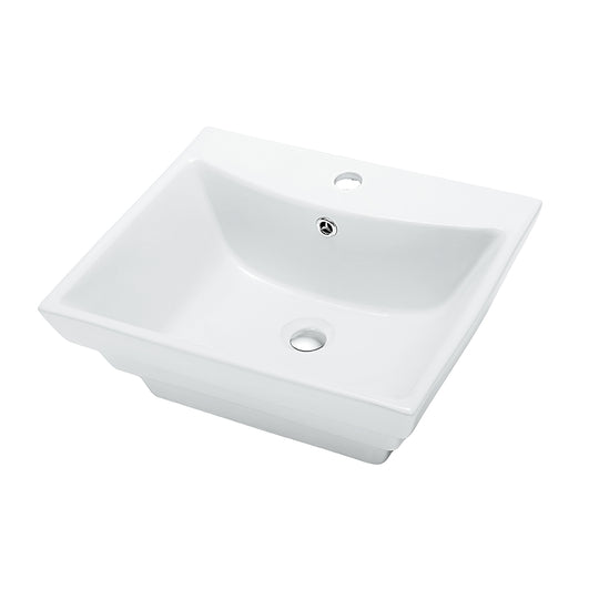 White deep ceramic vessel sink with faucet hole, a rectangular above-counter basin shown at an angle on a plain background