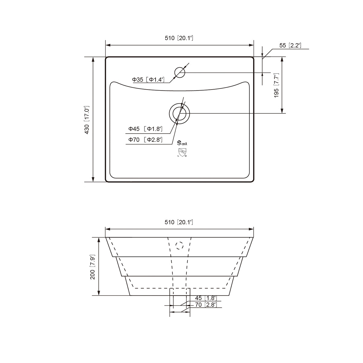 Spec drawing of the rectangular ceramic vessel sink showing 510 x 430 mm size, 200 mm height, faucet hole and drain dimensions