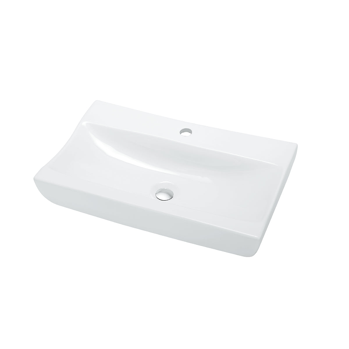 Low profile ceramic vessel sink with faucet hole, rectangular white basin shown on a plain background