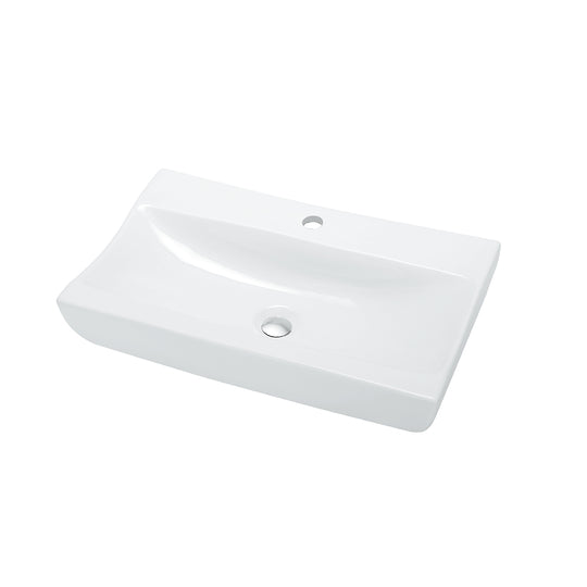Low profile ceramic vessel sink with faucet hole, rectangular white basin shown on a plain background
