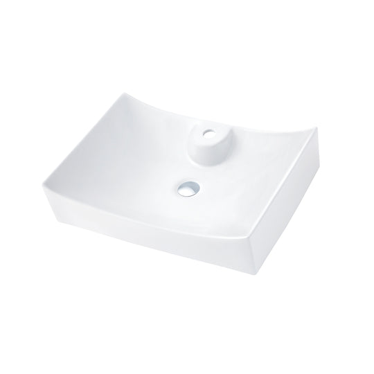 White rectangular 26 inch ceramic vessel sink with faucet hole shown at an angle on a plain background