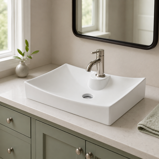 White 26 inch ceramic vessel sink installed on a sage green vanity with a tall single-hole faucet and framed mirror above