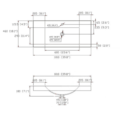 SN1538-100 ceramic vanity top with sink dimension drawing: 1010 mm (39.8 in) wide, 460 mm (18.1 in) deep, 600 mm (23.6 in) basin opening
