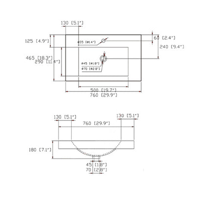 SN1538-75 ceramic vanity top measurement drawing: 760 mm (29.9 in) wide, 465 mm (18.3 in) deep, 500 mm (19.7 in) basin opening
