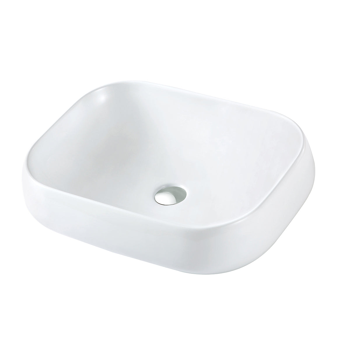 White rounded corner ceramic vessel sink at an angle, showing the tapered basin and single center drain