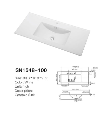 SN1548-100 white ceramic vanity sink from SANIKB, 39.8 x 18.3 in, wide centered bowl and single faucet hole, shown with dimensions
