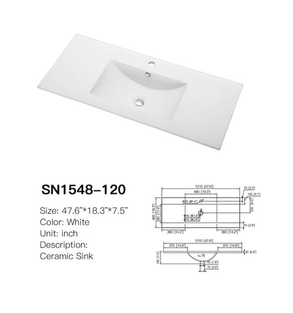 SANIKB SN1548-120 white ceramic vanity sink, 47.6 x 18.3 in, wide centered rectangular bowl and single faucet hole, with dimensioned spec drawing
