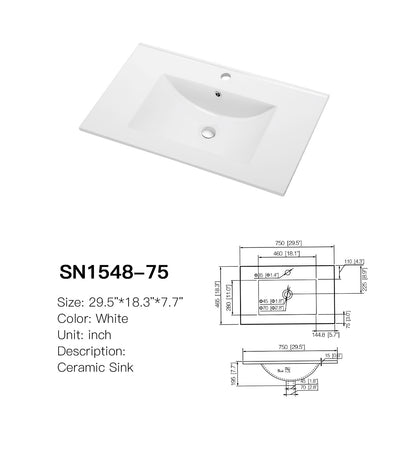 SN1548-75 rectangular ceramic vanity sink from SANIKB, 29.5 x 18.3 in, centered bowl and single faucet hole, shown with dimensions