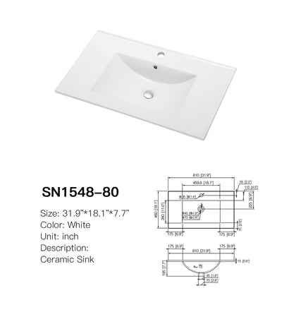 SANIKB SN1548-80 white ceramic vanity basin, 31.9 x 18.1 in, single-bowl vanity top with centered rectangular bowl and spec drawing