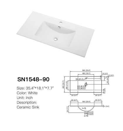 SN1548-90 white ceramic vanity sink, 35.4 x 18.1 in, centered rectangular bowl and one faucet hole, with SANIKB dimensioned drawing
