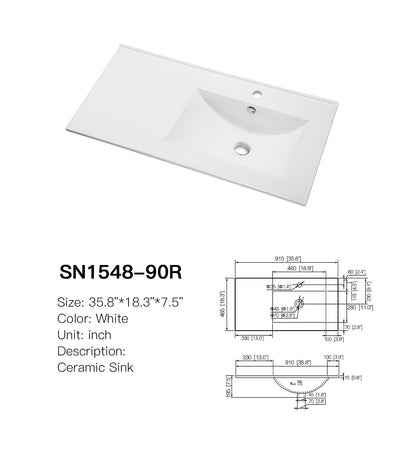 SANIKB SN1548-90R ceramic vanity top, 35.8 x 18.3 in, right-offset bowl with deck space on the left, single faucet hole and spec drawing