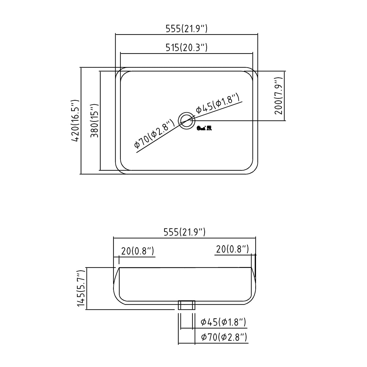 Dimension drawing of the 22 inch rounded rectangular ceramic vessel sink with top and side views and measurements