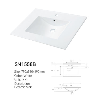 White ceramic wide deck vanity top sink SN1558B, 790 mm (about 31 in) wide, rectangular basin, single faucet hole, with spec drawing