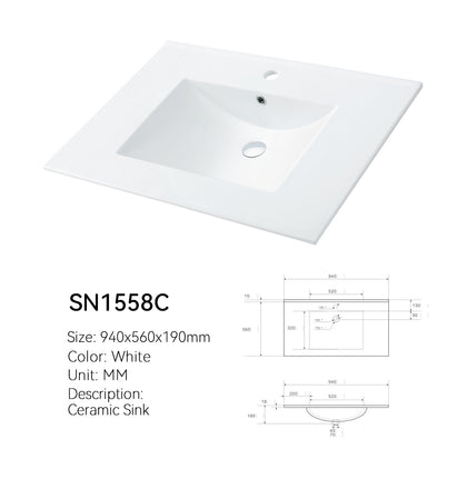 Wide deck ceramic vanity sink SN1558C, 940 mm (about 37 in) wide, glazed white basin with center faucet hole and measured drawing