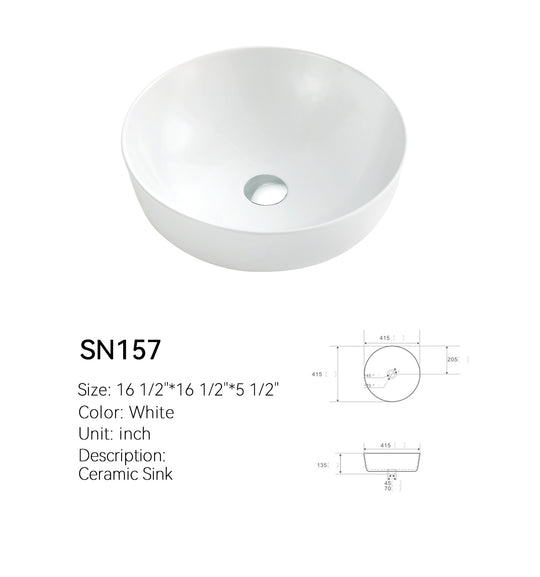 White round ceramic above-counter basin SN157, side profile showing the rounded bowl, rim, and single center drain