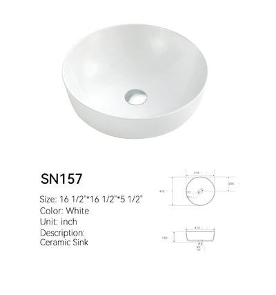 White round ceramic above-counter basin SN157, side profile showing the rounded bowl, rim, and single center drain