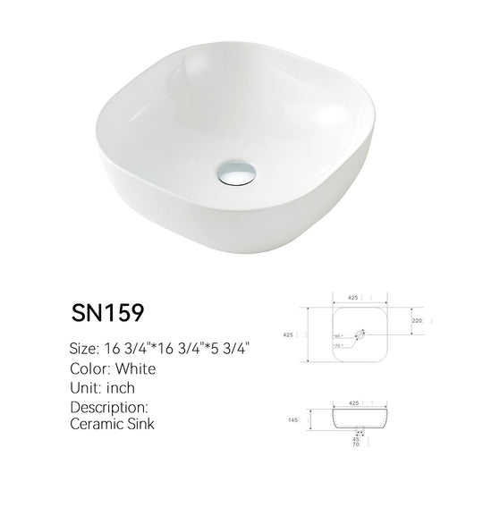 SN159 17 inch soft square ceramic vessel sink in gloss white, angled view with dimensioned spec drawing, 16 3/4 in (425 mm) footprint